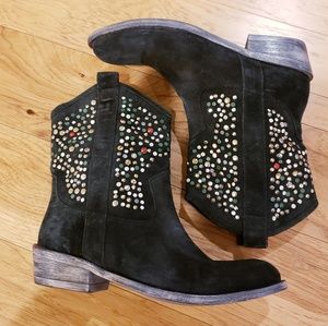 Beverly Feldman Black Suede Bling Cowboy Boots